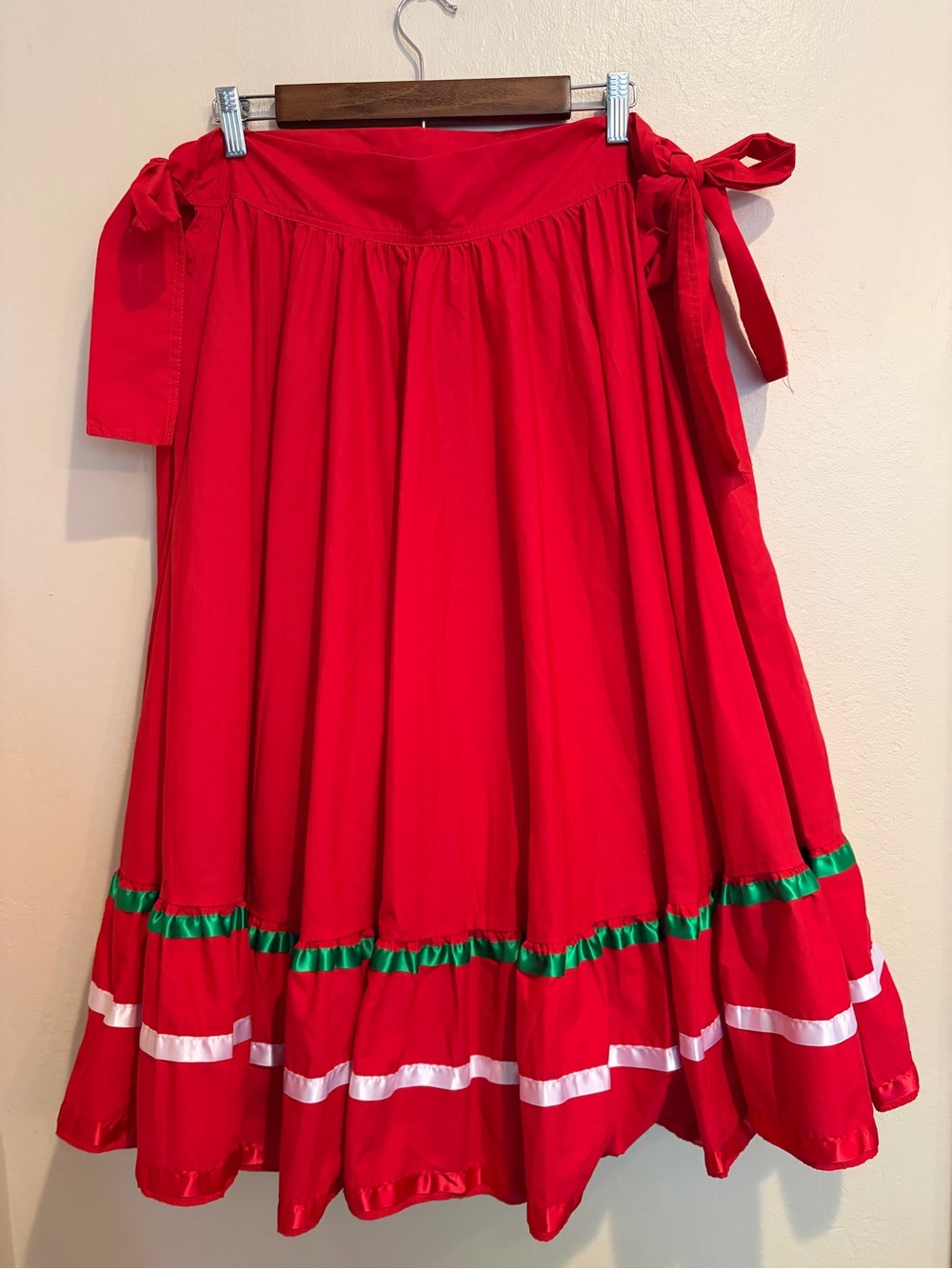 Vibrant Red Mariachi Skirt w/ Green & White Ribbon Trim, Size XS